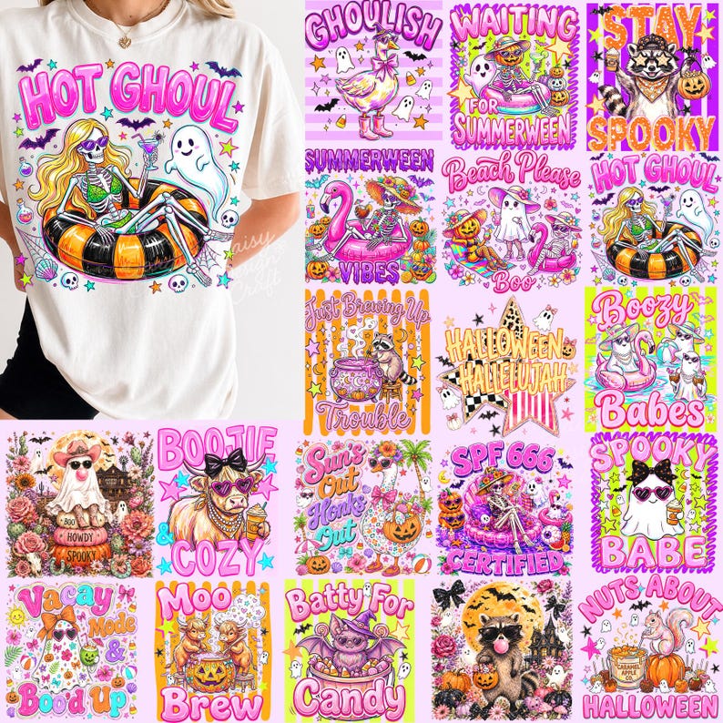 May include: A white t-shirt featuring a graphic of a skeleton in a bikini sitting on an orange and black striped pool float, accompanied by a ghost and the text HOT GHOUL, surrounded by a grid of various Halloween-themed illustrations.