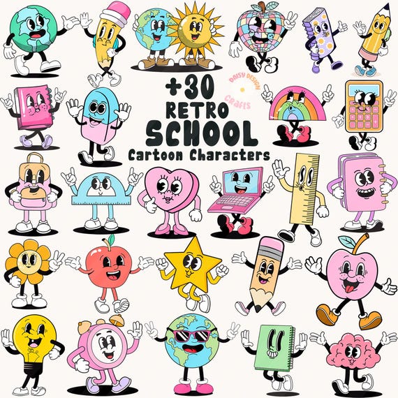 Retro School Characters Cartoon Bundle PNG, Groovy Back to School Clipart Bundle, Clipart Png Bundle, Teacher Png Clipart Education download