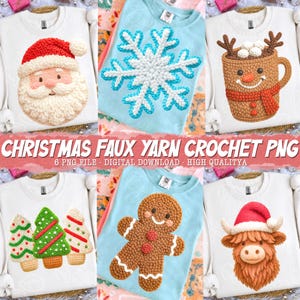 May include: Collection of Christmas-themed sweatshirts with faux yarn crochet designs. Includes a Santa Claus face, a snowflake, a mug of hot cocoa, Christmas trees, a gingerbread man, and a Highland cow, all in vibrant colors.