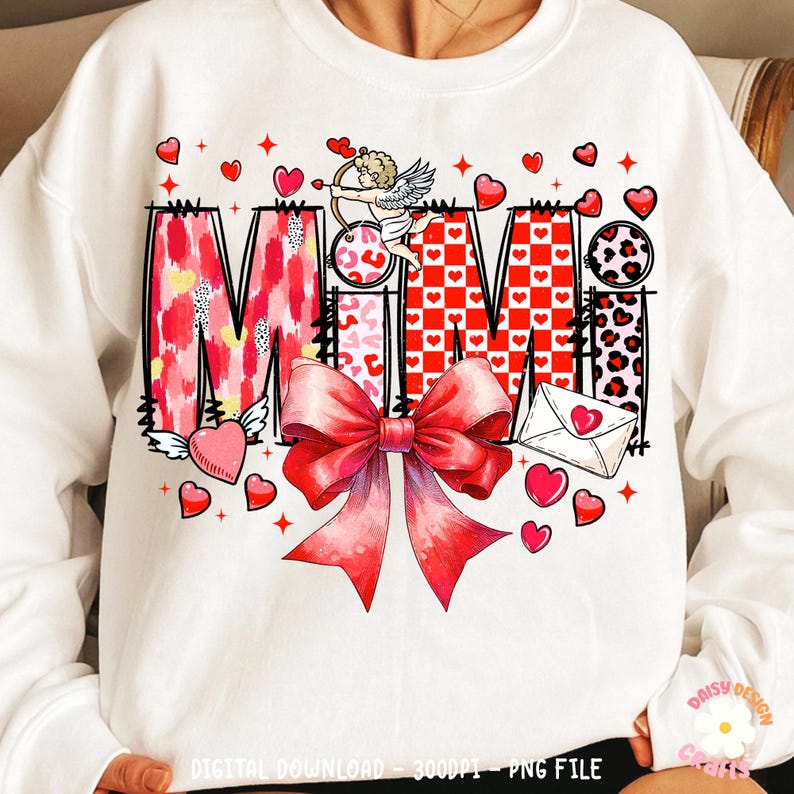May include: White sweatshirt with a red, pink, and black graphic design that says "Mimi" with hearts and a cupid.
