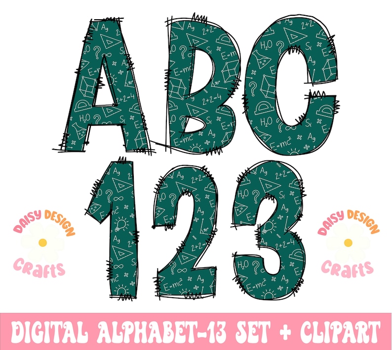 May include: Green chalkboard-style alphabet letters A, B, C, and numbers 1, 2, 3 with a white background. The letters and numbers have a white outline and are filled with a pattern of white math equations and symbols on a green background. The letters and numbers are in a cartoon style with a jagged outline.