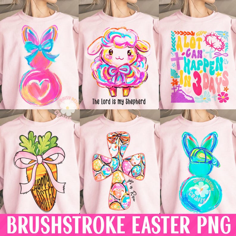 Pu&ograve; includere: Un set di sei design digitali con illustrazioni a tema pasquale in stile brushstroke. I design includono un coniglio che tiene un cuore, un agnello con un fiocco, una croce con uova di Pasqua, una carota con un fiocco e un coniglio con un cappello. Il testo "A lot can happen in 3 days" &egrave; incluso anche.