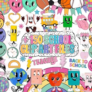 May include: A colorful digital graphic featuring school-themed clip art. Includes a school bus, books, apples, and smiling faces. Text reads "+150 SCHOOL CLIP ART FILES" and "BACK TO SCHOOL".