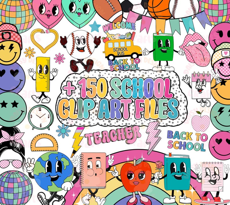 May include: A colorful digital graphic featuring school-themed clip art. Includes a school bus, books, apples, and smiling faces. Text reads "+150 SCHOOL CLIP ART FILES" and "BACK TO SCHOOL".