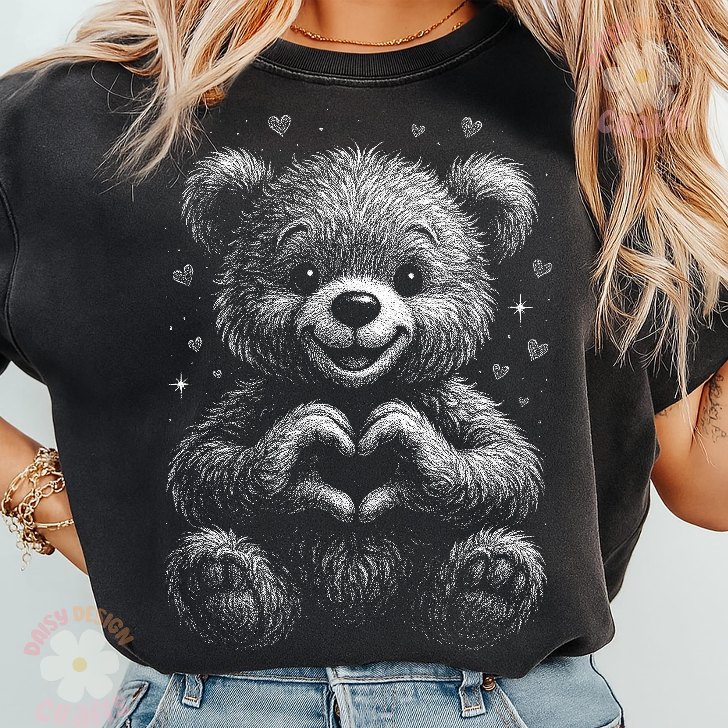Valentine Teddy Bear PNG, Cute Bear Heart Hands Clipart, Retro Sketch ...