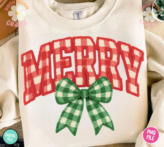 Merry Christmas Gingham PNG, Red Check Yarn Patch with Green Bow, Faux Crochet Texture, Cozy Holiday Sublimation Design