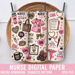 Peut inclure: Trois gobelets en acier inoxydable avec des pailles noires, avec un motif sur le thème des infirmières. Les motifs comprennent des cœurs, des stéthoscopes, des blouses et le texte "Nurses make it better", "Nurse life" et "CNA."