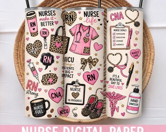 Trendy roze verpleegkundige digitaal papier, Coquette RN CNA NICU verpleegkundige patroon achtergrond, medische beker met luipaardmotief wrap sublimatieontwerp