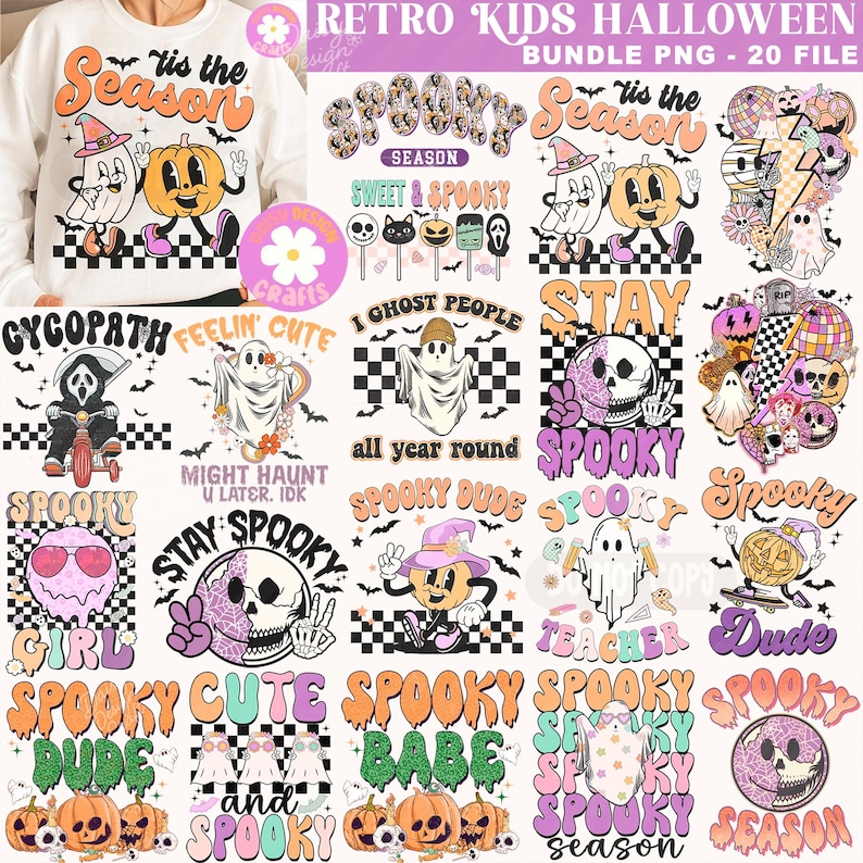 May include: A bundle of retro Halloween graphics, featuring pumpkins, ghosts, and skulls. Text includes phrases like "Spooky Dude" and "'Tis the Season." The designs use orange, purple, and black, with a vintage aesthetic. The bundle contains 20 files.