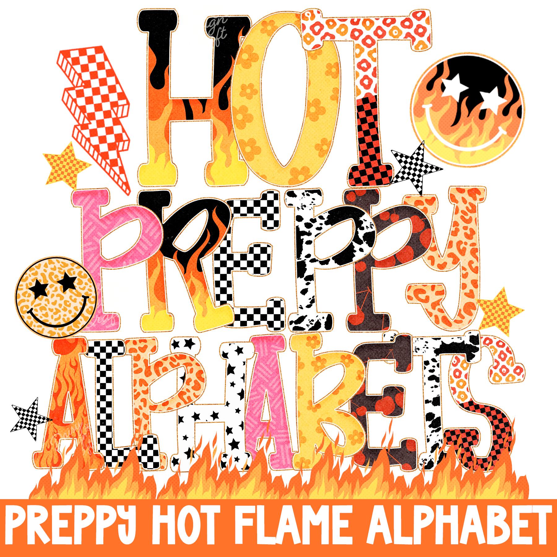 10 Set Hot Flame Preppy Alphabet PNG Bundle, Preppy Letters Leopard Lightning Checkered Cherry Print Letters PNG, Flames Alpha Summer Font