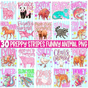 Puede incluir: Una colección de 30 gráficos PNG de animales preppy con frases como "Bearly Made It" y "Gotta Go". Las imágenes presentan varios animales, incluyendo un tigre, un panda, un búfalo y un tigre, con un fondo a rayas.