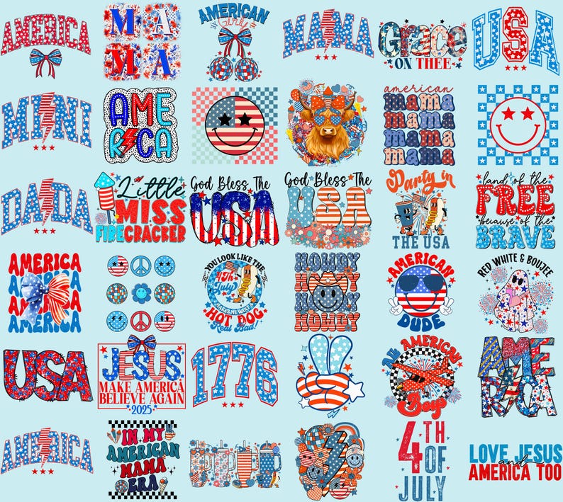 Pacchetto PNG del 4 luglio USA 250° anniversario Patriottico Rosso Bianco Blu Terra dei Liberi Preppy Tutto Americano Carino 1776-2026 Floreale Bandiera USA
