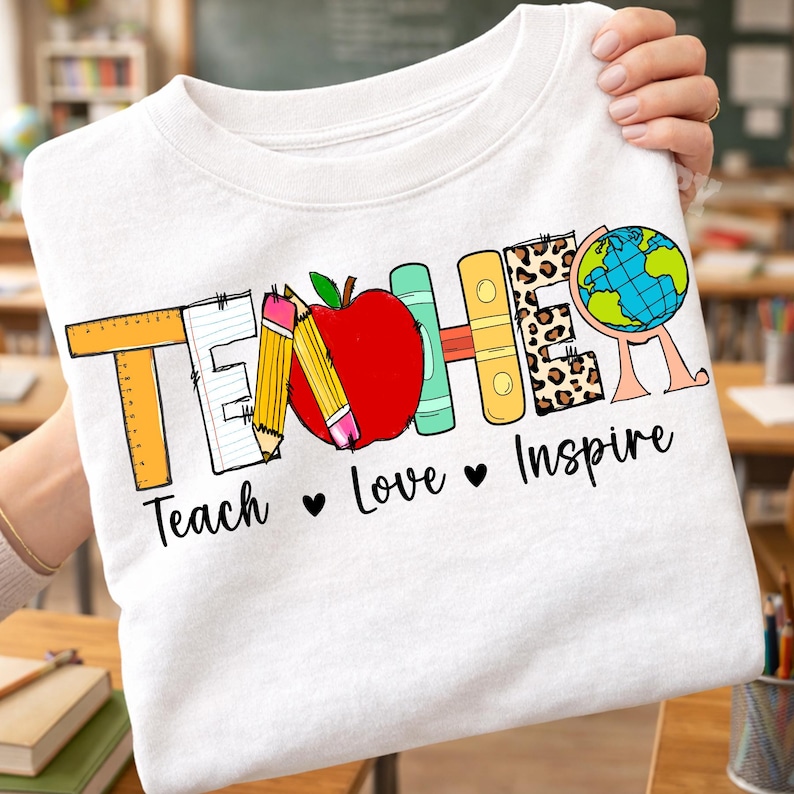 Puede incluir: Una camiseta blanca con la palabra TEACHER en letras coloridas con tem&aacute;tica escolar, incluyendo una regla, un l&aacute;piz, una manzana roja, libros y un globo terr&aacute;queo. Debajo, el texto Teach Love Inspire aparece en fuente negra con corazones.