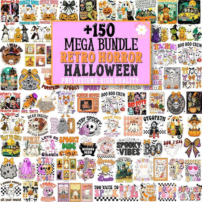 May include: A collection of Halloween-themed PNG designs with a retro horror aesthetic. The designs feature ghosts, pumpkins, skulls, and other spooky elements. The text on the image reads "+150 MEGA BUNDLE RETRO HORROR HALLOWEEN PNG DESIGNS-HIGH QUALITY".