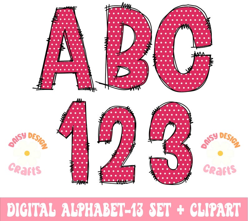 May include: Pink polka dot letters A, B, C, and numbers 1, 2, 3 with a white outline and a black scribble outline. The letters and numbers are in a cartoon style. The image also includes a logo with the text "Daisy Design Crafts".