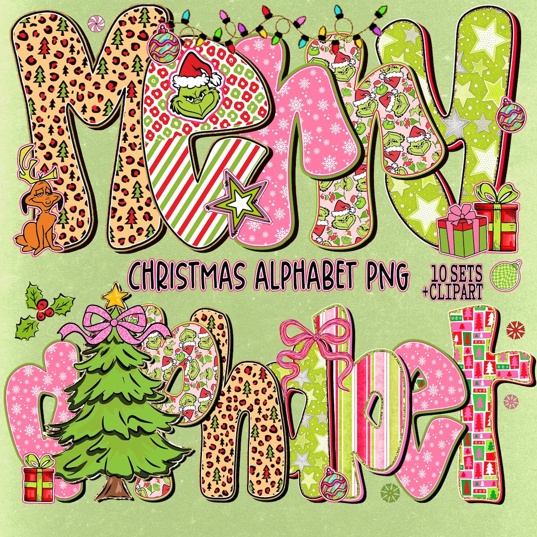 Retro Preppy Christmas Alphabet PNG Bundle, Coquette Letters Numbers ...