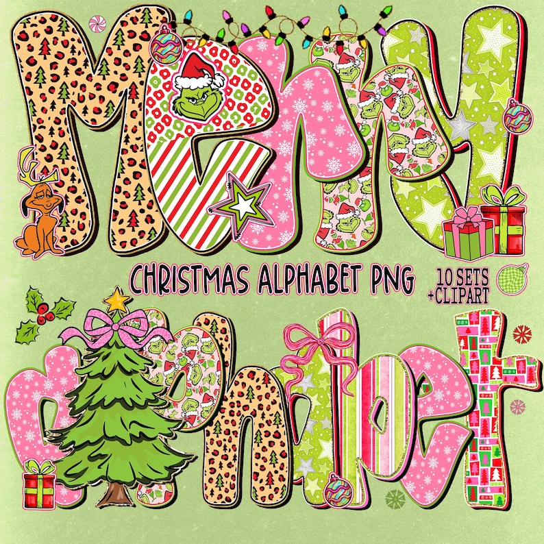 Retro Preppy Christmas Alphabet PNG Bundle, Coquette Letters Numbers ...