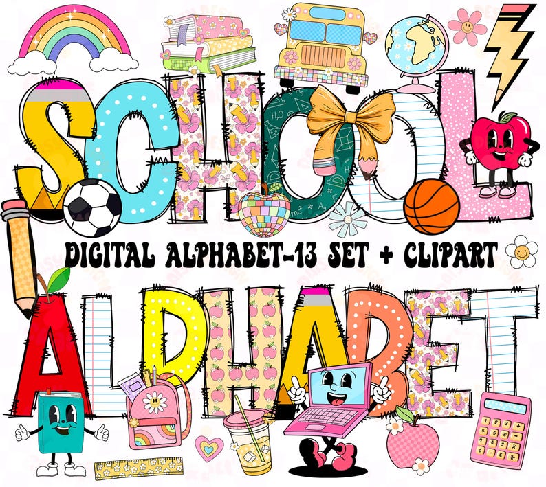 School Teacher Alphabet Png, Teacher Font Png, Alpha Doodle, School Clipart Png, School Font, Teacher doodle png, Digital Alphabet Bundle image 1