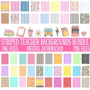 Pu&ograve; includere: Un pacchetto di download digitale di sfondi a righe per insegnanti in vari modelli e colori. L'immagine include strisce, disegni di matite e illustrazioni a tema scolastico. Il testo recita "STRIPED TEACHER BACKGROUNDS BUNDLE PNG FILES DIGITAL DOWNLOAD PNG FILES."