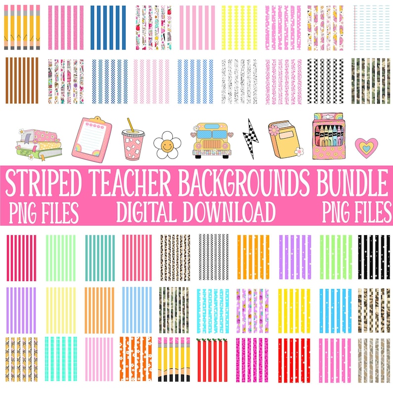 Pu&ograve; includere: Un pacchetto di download digitale di sfondi a righe per insegnanti in vari modelli e colori. L'immagine include strisce, disegni di matite e illustrazioni a tema scolastico. Il testo recita "STRIPED TEACHER BACKGROUNDS BUNDLE PNG FILES DIGITAL DOWNLOAD PNG FILES."