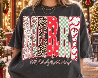 Merry Christmas PNG, Floral Leopard Plaid Pattern Letters, Retro Sublimation Design, Digital Download
