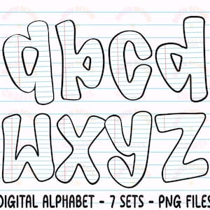 Puede incluir: Letras de burbujas con contorno negro a, b, c, d, w, x, y y z sobre un fondo de papel rayado. El texto "DIGITAL ALPHABET - 7 SETS - PNG FILES" est&aacute; en la parte inferior.