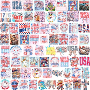 May include: A digital collage of patriotic American-themed graphic designs featuring red, white, and blue color schemes. The collection includes illustrations of eagles, raccoons, ducks, bears, monster trucks, fireworks, and text phrases like USA, Land of the Free, and God Bless the USA.