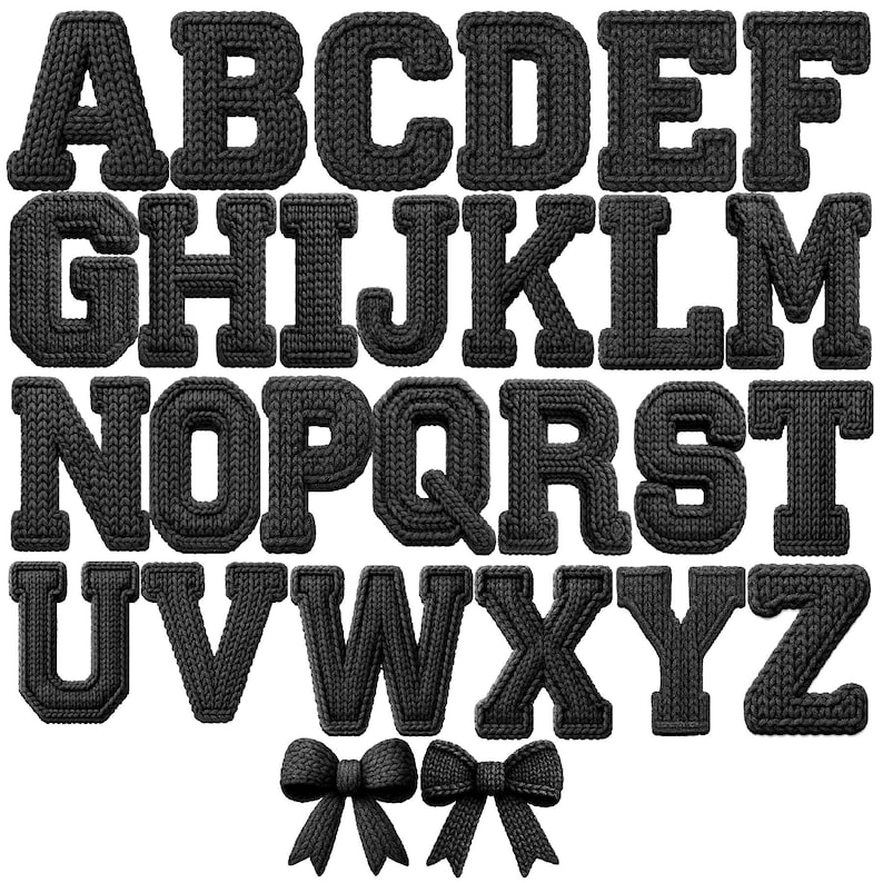 Conjunto de letras de ganchillo negras en formato PNG, estilo imitación ...