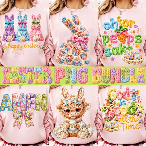 Easter PNG Bundle Faux Yarn Bunny Latch Hook Yarn Bow Christian Easter Png Coquette Bow Crochet He Is Risen Embroidery Easter Sublimation