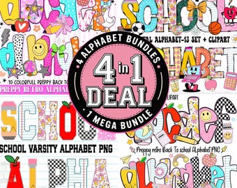 Back to School Alphabet Mega Bundle PNG, Retro Preppy School Alphabet PNG, Classroom Doodle Letters, Teacher Pencil PNG Set, Classroom Decor