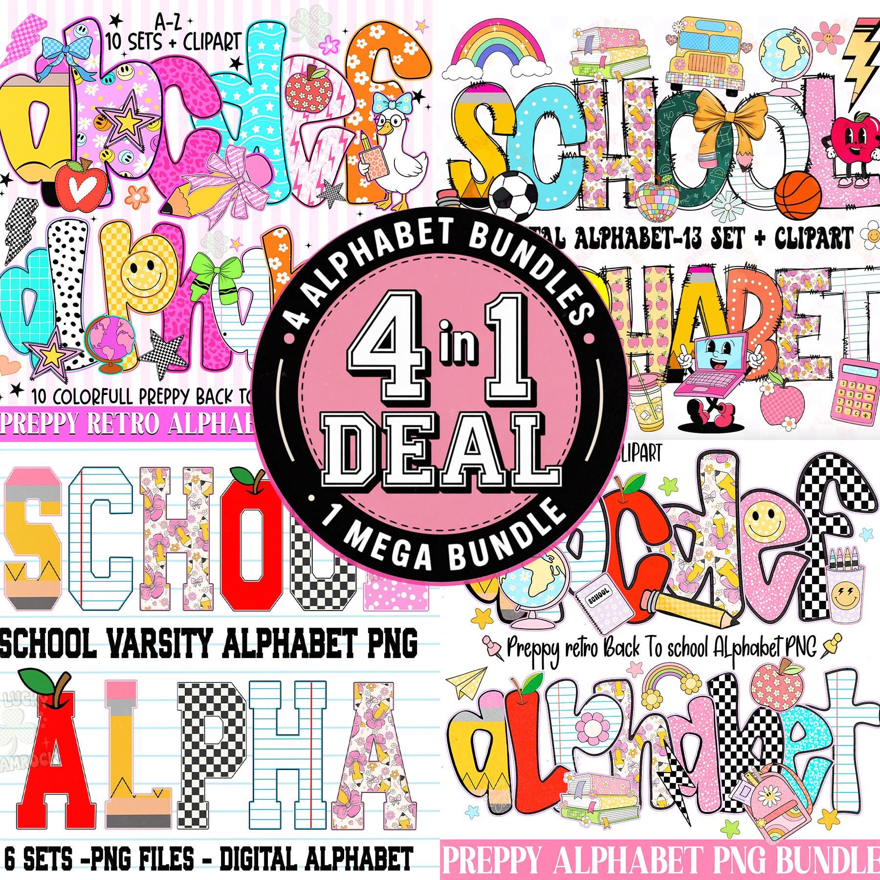 Back to School Alphabet Mega Bundle PNG, Retro Preppy School Alphabet ...