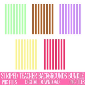 Pu&ograve; includere: Un pacchetto di download digitale di sfondi a righe per insegnanti in vari colori: verde chiaro, marrone, viola, giallo e rosa. Gli sfondi presentano strisce verticali. Il testo in basso recita "STRIPED TEACHER BACKGROUNDS BUNDLE PNG FILES DIGITAL DOWNLOAD PNG FILES."