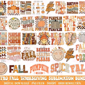 Puede incluir: Una colección de diseños digitales con temática otoñal con calabazas, texto y caras sonrientes. Los diseños presentan frases como "Fall Vibes", "Pumpkin Spice" y "Hello Fall". La parte inferior de la imagen dice "Retro Fall Thanksgiving Sublimation Bundle."