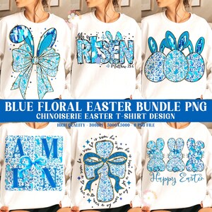 Pu&ograve; includere: Un set di sei design digitali con grafica floreale pasquale blu. I design includono una croce con le parole "&Egrave; risorto" e "Matteo 28:6", un fiocco floreale, un design floreale "Amen", un design floreale "Buona Pasqua" e due design di coniglietti pasquali floreali.