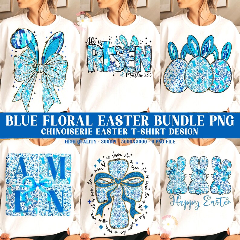 Pu&ograve; includere: Un set di sei design digitali con grafica floreale pasquale blu. I design includono una croce con le parole "&Egrave; risorto" e "Matteo 28:6", un fiocco floreale, un design floreale "Amen", un design floreale "Buona Pasqua" e due design di coniglietti pasquali floreali.