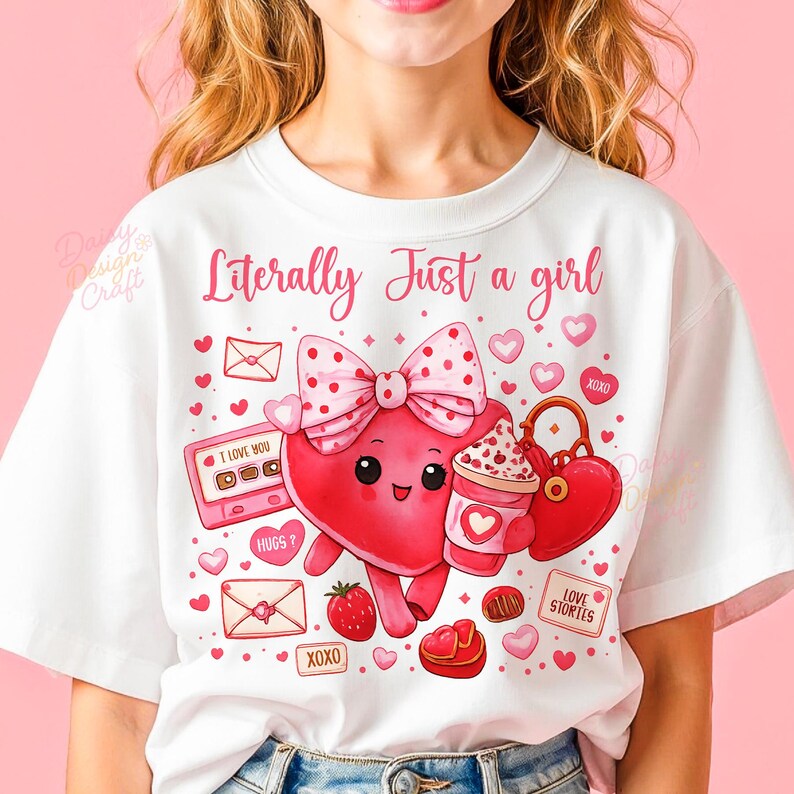Literally Just a Girl Valentine PNG, Cute Girly Heart Character PNG, Pink Coquette Valentine Design for Kids Shirt, Toddler Valentine png image 3