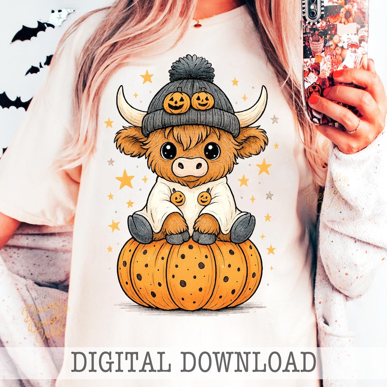 May include: A cream-colored t-shirt featuring a cartoon Highland cow wearing a gray beanie with pumpkin faces, sitting on an orange pumpkin. The cow is wearing a white outfit with pumpkin buttons. The text "DIGITAL DOWNLOAD" is at the bottom.