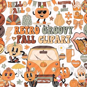 Peut inclure: Une collection de cliparts rétro sur le thème de l'automne. L'image présente des citrouilles, un bus VW, des visages souriants et le texte "HELLO FALL", "RETRO GROOVY FALL CLIPART", "AUTUMN IS HERE" et "HAPPY FALL Y'ALL". La palette de couleurs comprend l'orange, le marron et la crème.