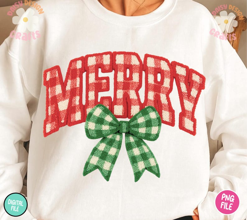 May include: White sweatshirt with the word "MERRY" in red and white plaid lettering. A green and white plaid bow is centered below the word. The sweatshirt is a digital file.