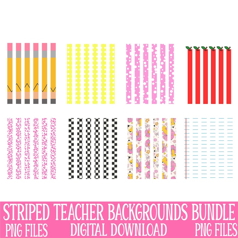 Pu&ograve; includere: Vengono presentati otto diversi sfondi a righe per insegnanti. I disegni includono motivi a matita, a pois e a scacchi in giallo, rosa, nero e rosso. Il testo in basso recita "STRIPED TEACHER BACKGROUNDS BUNDLE PNG FILES DIGITAL DOWNLOAD PNG FILES."