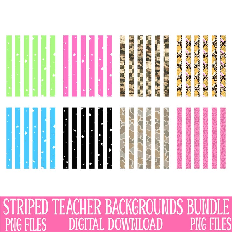 Pu&ograve; includere: Un pacchetto di download digitale di sfondi per insegnanti a righe in vari colori e motivi. Gli sfondi includono strisce verticali in verde, rosa, blu, nero e stampe animalier, con accenti di stelle. Il testo recita "STRIPED TEACHER BACKGROUNDS BUNDLE PNG FILES DIGITAL DOWNLOAD PNG FILES."