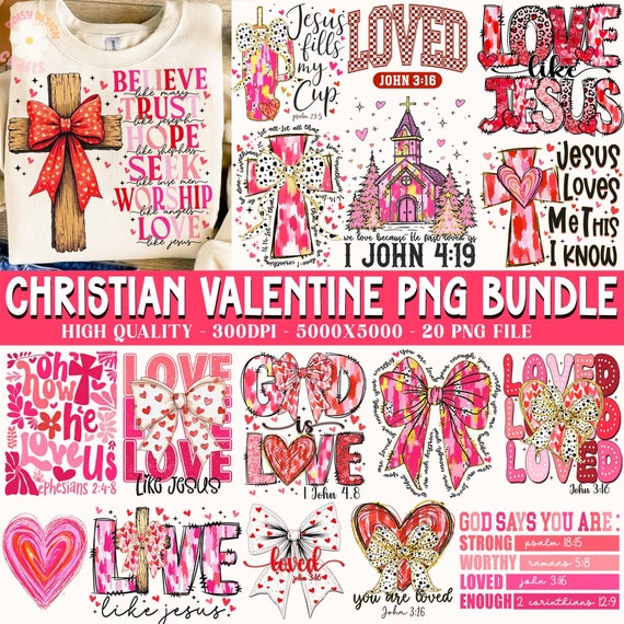 Christian Valentine PNG Bundle, Retro Valentine png, Glitter Heart Coquette png, Pink Brushstroke love png, Jesus valentine png, bible verse