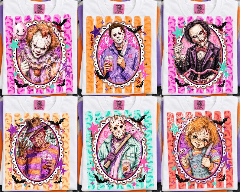 May include: A collection of six white t-shirts featuring horror movie characters including Pennywise, Michael Myers, Jigsaw, Freddy Krueger, Jason Voorhees, and Chucky. Each character is framed in an oval with colorful striped backgrounds and bats.