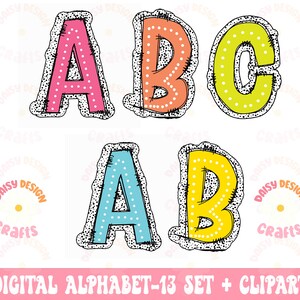 May include: Colorful alphabet letters A, B, and C with white polka dots. The letters are outlined in black and have a stitched look. The letters are in a digital clipart set.