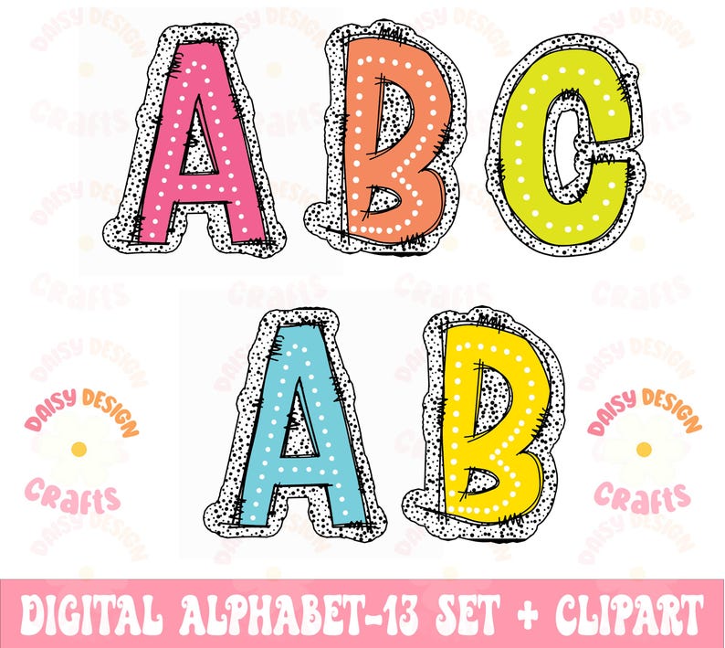 May include: Colorful alphabet letters A, B, and C with white polka dots. The letters are outlined in black and have a stitched look. The letters are in a digital clipart set.