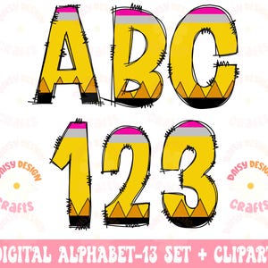 May include: A set of yellow pencil-shaped letters and numbers, with black outlines and pink and gray stripes. The letters are A, B, and C. The numbers are 1, 2, and 3. The letters and numbers are outlined in black and have a yellow and black chevron pattern at the bottom. The text "DIGITAL ALPHABET-13 SET + CLIPART" is at the bottom of the image.