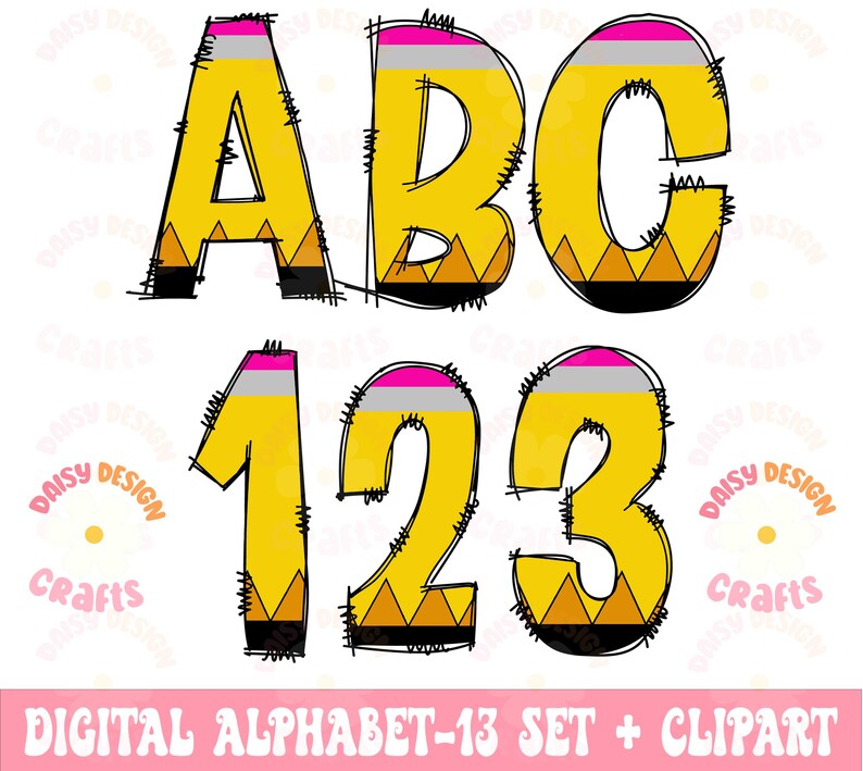 May include: A set of yellow pencil-shaped letters and numbers, with black outlines and pink and gray stripes. The letters are A, B, and C. The numbers are 1, 2, and 3. The letters and numbers are outlined in black and have a yellow and black chevron pattern at the bottom. The text "DIGITAL ALPHABET-13 SET + CLIPART" is at the bottom of the image.
