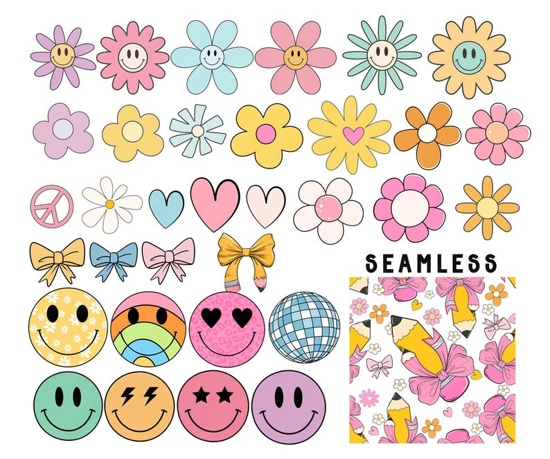 May include: A set of colorful digital clipart featuring flowers, peace signs, bows, smiley faces, and a disco ball. The clipart is perfect for adding a retro, groovy vibe to your designs.