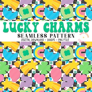May include: A seamless pattern featuring a variety of lucky charms, including rainbows, four-leaf clovers, shooting stars, hearts, and crescent moons. The charms are arranged on a black and white checkered background. The text "LUCKY CHARMS SEAMLESS PATTERN" is displayed at the top of the image.