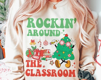 Retro Teacher Christmas Png, Rockin Around The Classroom, Christmas Teacher Shirt Design, Merry Teacher Png,Gift for Teacher, Christmas Tree